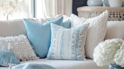 Poster - Cozy home interior design featuring white and blue pastel Nordic style with decorative pillows and cushions on a sofa for a beautiful finishing touch