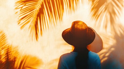 Leinwandbilder - Exotic travel concept featuring palm tree shadows and a hat wearing photographer on a light wall during sunset or sunrise Ideal background template for text or wallpaper use