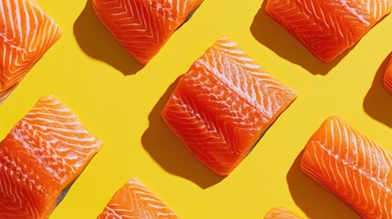 Aufkleber - Vibrant salmon fillets on a yellow backdrop highlighting fresh fish digital artwork bright colors and intricate details