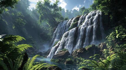 Poster - Cascading waterfalls amidst lush green trees and ferns ideal for nature themed covers adventure backgrounds or showcasing tropical forest scenery
