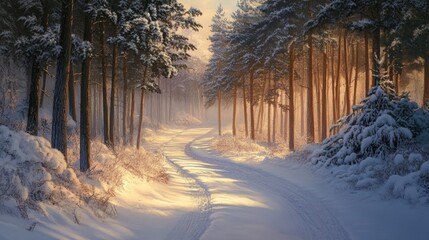 Aufkleber - A winding snowy path bordered by tall trees evokes a peaceful ambiance with gentle light ahead suggesting a calm retreat in the winter scenery