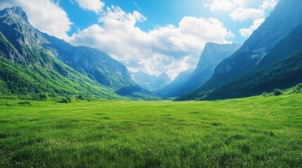 Poster - Majestic mountain landscape featuring a vast meadow and blue sky surrounded by lush green grass and a stunning mountain range Perfect for travel and outdoor themes