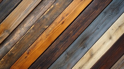 Poster - Close up of wooden planks arranged diagonally showcasing a variety of textures and hues