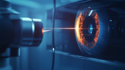 Poster - A precise laser beam targets an artificial eye in a clinical laboratory, showcasing advanced technology in ocular research.