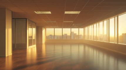 Wall Mural - Blank office interior with soft sunset lighting, ready for custom art or corporate branding showcases.