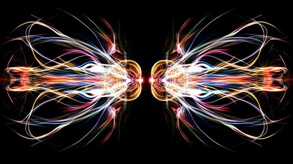 Symmetrical light trails with colorful streaks, chaotic and dynamic, centered composition, abstract design, vibrant lighting, AI Generative