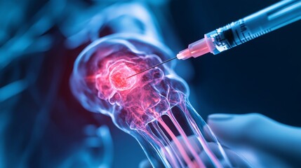 Poster - A detailed depiction shows a syringe injecting a therapeutic substance into a conceptualized human skull, emphasizing advancements in medical research and treatment methodologies in neurology.
