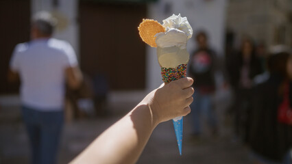 A person holds a colorful ice cream cone topped with sprinkles and a waffle cookie on a sunny day in an old town street in puglia, italy.