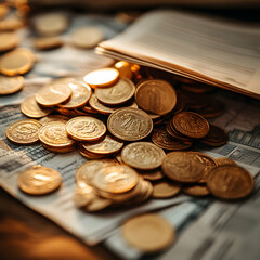 Gold Coins Scattered Over Financial Papers Representing Wealth and Investment Strategies