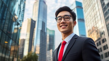 Poster - A man in a suit and red tie stands in front of a city skyline