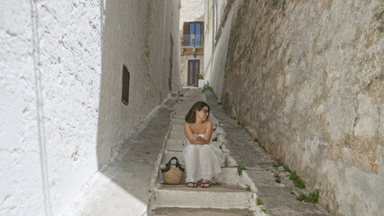 Wall Mural - Young hispanic woman in ostuni old town, puglia, italy, sitting on stairs in a narrow alley with a serene expression holding a straw bag on a sunny day.