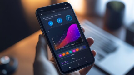 Aufkleber - A person holds a smartphone displaying various colorful graphs and analytics, indicating data analysis.