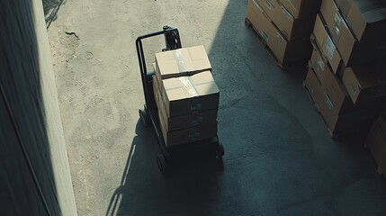 Poster - High-tech warehouse scene with AR interfaces guiding package pickup and delivery, emphasizing logistics innovation.