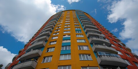 A striking image of a colorful, multi-story apartment building with a vibrant facade set against a bright blue sky and scattered clouds captured from a low angle