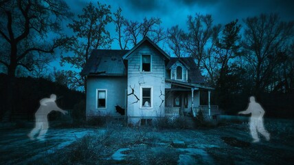 Abandoned house on Halloween night, scary dark night