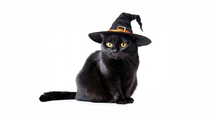 Portrait of a black cat wearing witch hat. Halloween theme.