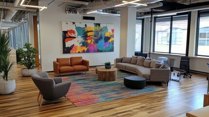 Poster - Large, blank wall in an open office layout, ideal for creative wall decals, logos, or poster designs.