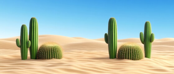 Poster - Tall green cacti thrive in a sunlit desert landscape, their unique shapes contrasting against the smooth sand, celebrating the beauty of arid ecosystems