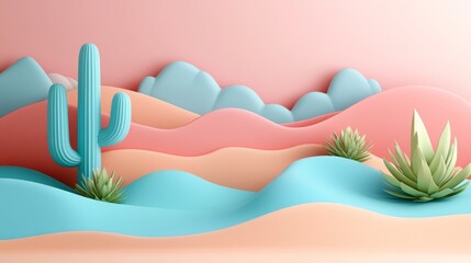 Poster - The vibrant desert showcases stylized hills in shades of pink and blue, accented by cacti and lush green plants against a soothing backdrop