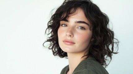 Young woman with dark curls, slight smile, and natural look, appearing calm and confident, isolated on white