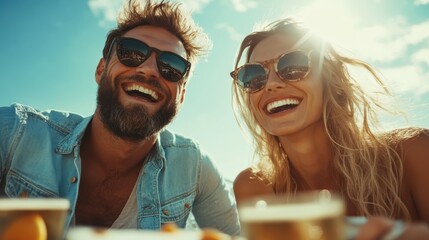 a cheerful couple basking in sunlight at a rooftop, enjoying a brunch together, representing happine