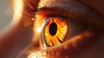 Poster - A close-up view captures the mesmerizing details of a vibrant eye, showcasing shades of orange and black. The sun's rays gently illuminate the iris, creating a stunning contrast and depth.