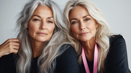 Two mature women with elegantly styled gray hair share an introspective moment, reflecting elegance and timeless grace. Their serene expressions convey peace and wisdom.