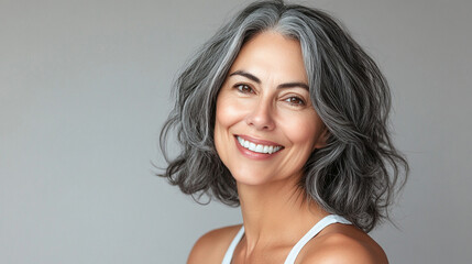 Portrait of mature attractive woman on gray. background.