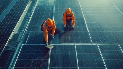 Workers in orange uniforms install solar panels on a rooftop, showcasing renewable energy efforts and modern technology in action.