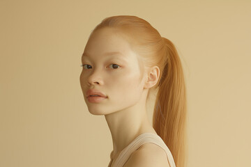 A photograph of an Asian albino woman with beautiful skin, posing for the camera in front of a beige background