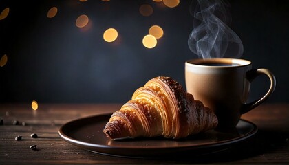 A warm, freshly baked croissant sits on a plate next to a steaming cup of coffee. The perfect breakfast treat. The background is a blurry shot of warm lights.