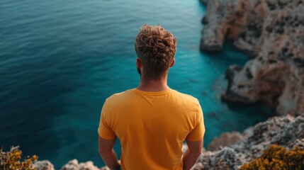 A man in a bright yellow shirt stands on a rocky cliff, looking down at the deep blue ocean waters below, symbolizing contemplation, curiosity, and vibrancy.