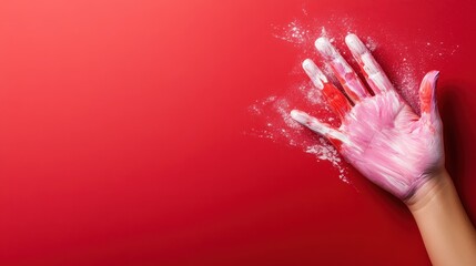 Poster - A hand covered in colorful paint rests on a vivid red background, conveying creativity and artistic expression, with a focus on abstract art and vivid colors.