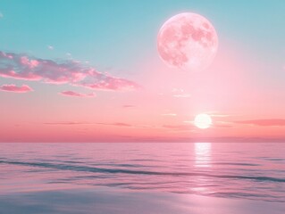 Wall Mural - Full moon rising over ocean at sunset