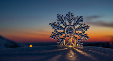 Poster - Snowflake against vibrant sunset in winter landscape with beautiful colors and serene backdrop