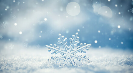 Poster - snowflake in winter wonderland with falling snowflakes and soft blue background