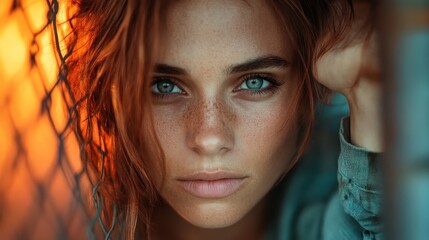 Close-up portrait of a woman with striking green eyes, freckles, and red hair, framed by a wire fence and warm sunlight, evoking a sense of allure and mystery.