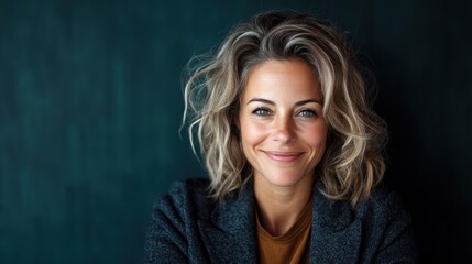 portrait of a cheerful woman with short, wavy hair, smiling warmly against a dark background, highli