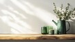 © JoxyAimages - A rustic wooden shelf adorned with green glassware, a green watering can, and a lush plant against a softly lit background wall, evoking a sense of serenity.