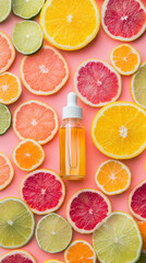 Citrus vitamin c serum with fresh sliced oranges and grapefruits on pink background