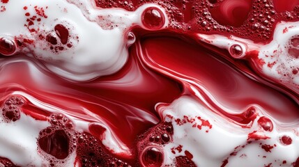 Poster - An abstract image showcasing a dynamic interplay of red and white bubbles, creating an energetic and captivating visual texture with a feeling of effervescence.