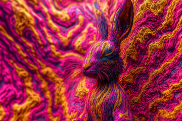 Wall Mural - abstract rabbit portrait against a vivid, fractal-infused background, highlighting intricate neon fur textures