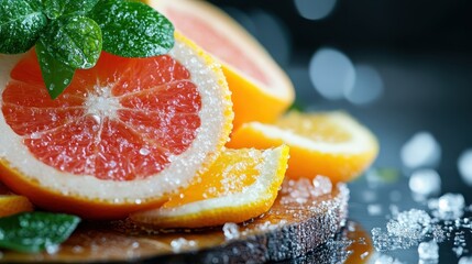 Vivid grapefruit and orange slices, sprinkled with sugar crystals, present a refreshing and vibrant touch, capturing the essence of freshness and zest in culinary presentation.