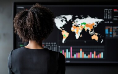 Poster - A woman analyzes global data trends on a large digital screen, showcasing colorful maps and charts, emphasizing business insights and analytics.