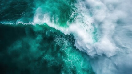 A dramatic, close-up shot of a turquoise ocean wave crashing with white frothy surf, embodying power, natural beauty, and the raw energy of the sea's force.