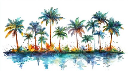 Wall Mural - Vibrant watercolor illustration of palm trees reflecting on water, capturing the essence of tropical paradise and serene landscapes.