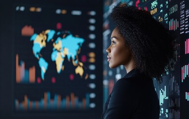 Poster - young African American woman looking at big digital screen with graphs , numbers and world map on it , business and economic learning concept