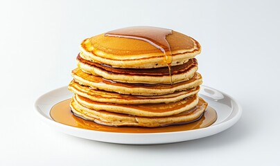 A delicious stack of fluffy pancakes drizzled with golden syrup, perfect for breakfast or brunch, served on a clean white plate.