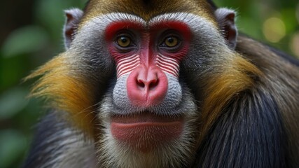 Close-up portrait of a mandrill with vibrant colors and expressive features.