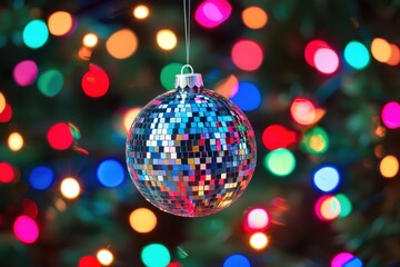 Poster - A stunning disco ball surrounded by vibrant, colorful bokeh lights, creating a festive and celebratory atmosphere perfect for holiday events.